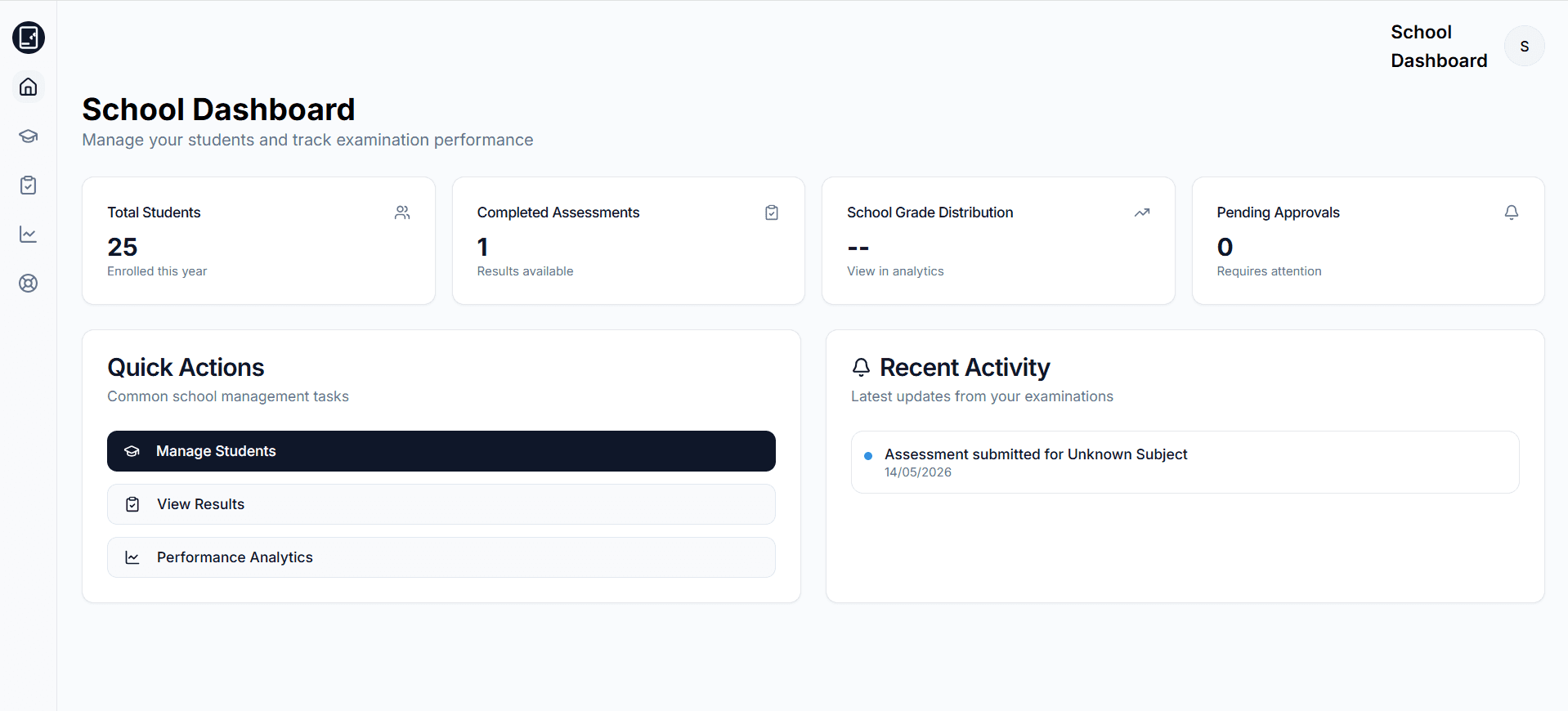 Matigo school dashboard showing comprehensive examination management features