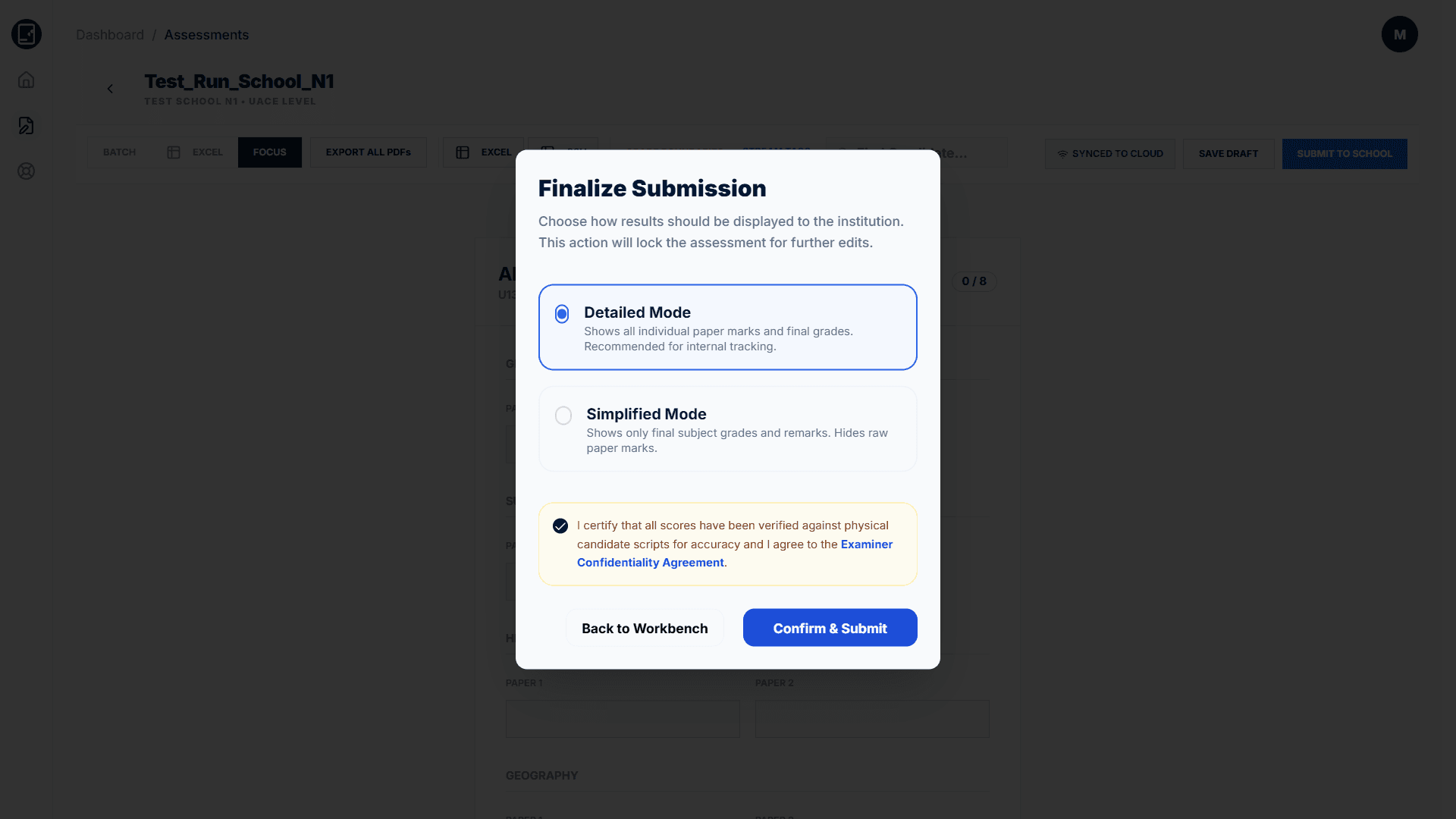 Marks Entrant submission finalization modal with certification check