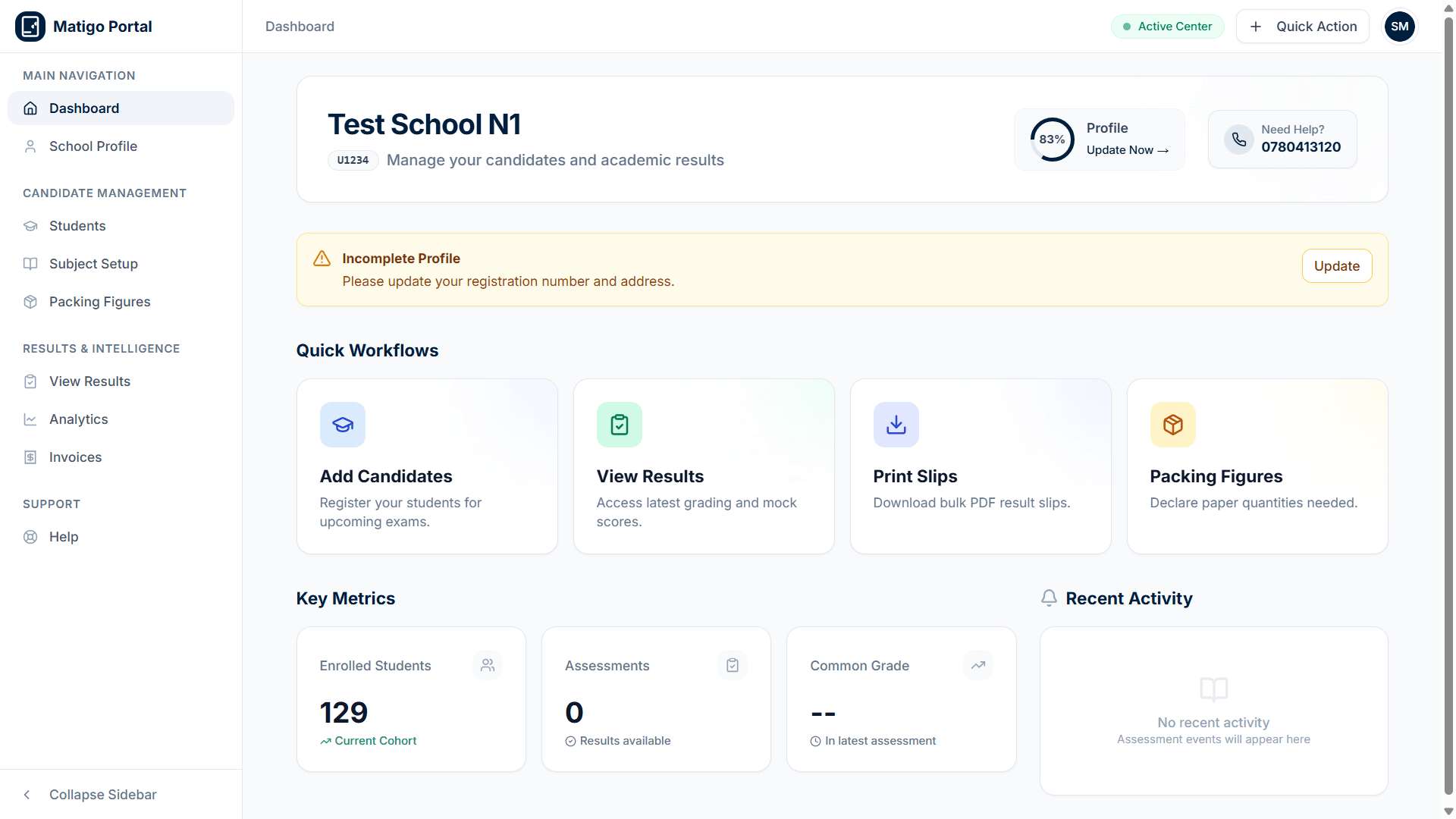 Matigo Examinations Board school dashboard overview
