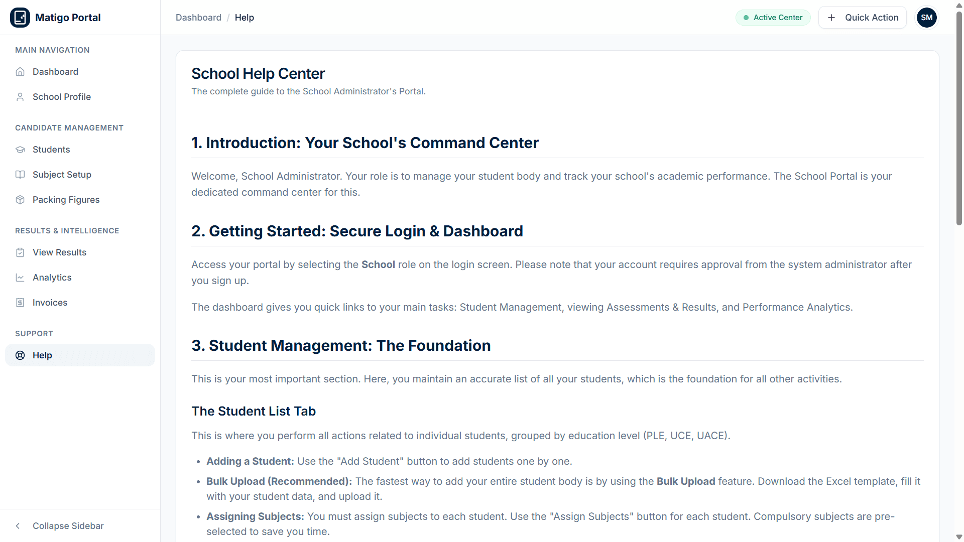 Matigo help and support centre showing account verification and onboarding guidance